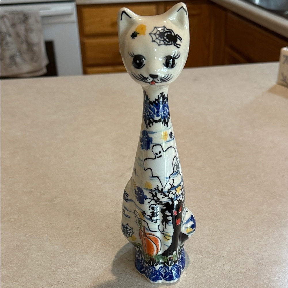 Polish Pottery Ceramic Cat Figurine with Halloween Design